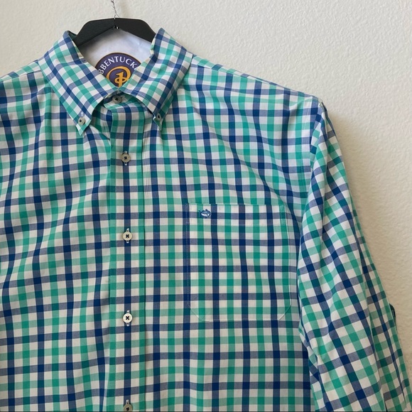 🆕 Southern Tide Gingham Button Down Shirt - White w/ Blue & Green - Picture 6 of 13